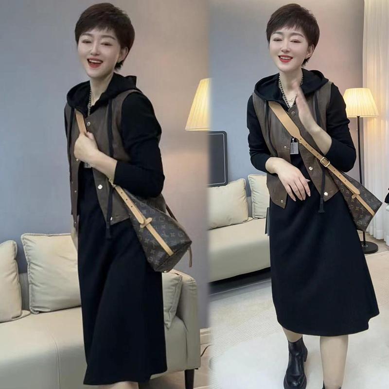 秋服 レディース 流行り物 オシャレ カワイイ  分かりやすい 成年者カワイイ 気が大きい大きさ  テクスチャード お召しもの 背広 秋 レトロ PU エコ なめし革より良い ボンネット付き添い人 汗水 プルオーバー スコート 仕掛ける