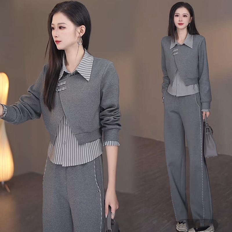 秋服 レディース ファッション オシャレ カワイイ シンプル 大人カワイイ 大きいサイズ 秋 フェイク ツーピース トップス カジュアル ワイド レッグ ハイエンド パンツ セット｜リコット