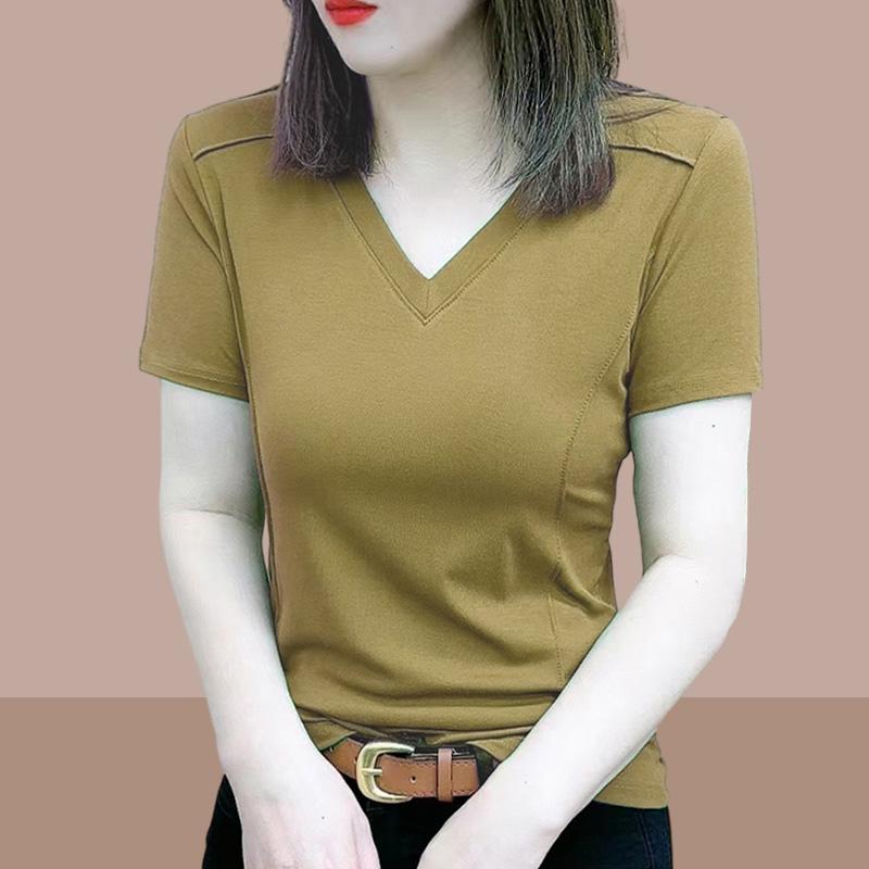 秋服 レディース ファッション オシャレ カワイイ シンプル 大人カワイイ 大きいサイズ 半袖 T シャツ 秋 Vネック スリム トップス