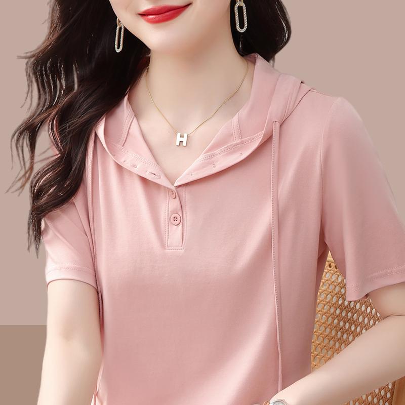 秋服 レディース ファッション オシャレ カワイイ シンプル 大人カワイイ 大きいサイズ 綿 半袖 T シャツ フード付き ゆったり スタイリッシュ トップス カジュアル トップス