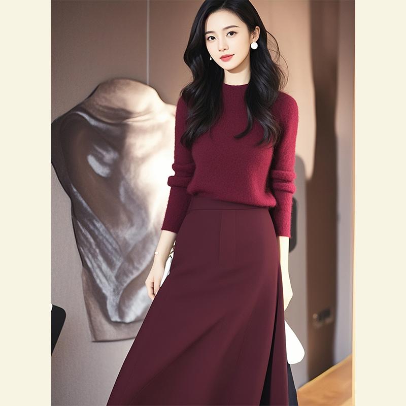 秋服 レディース ファッション オシャレ カワイイ シンプル 大人カワイイ 大きいサイズ 秋服装 ハイエンド レッド セーター スーツ スタイル スカート