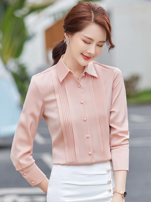 秋服 レディース 流行り物 オシャレ カワイイ  分かりやすい 成年者カワイイ 気が大きい大きさ  サクラ色 プルオーバー 長袖 お召しもの 今めかしい OL トップス 繻子 プルオーバー