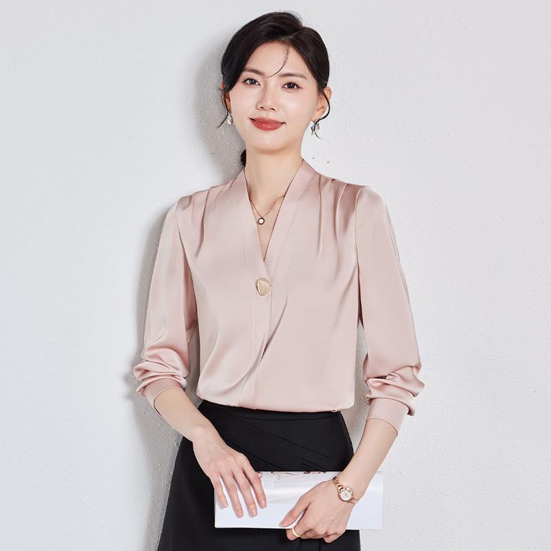 秋服 レディース 流行り物 オシャレ カワイイ  分かりやすい 成年者カワイイ 馬鹿でかい大きさ  サクラ色 繻子 プルオーバー 長袖 秋 フォーマルウェア ハイエンド V素っ首 プルオーバー 背広 表現スタイル