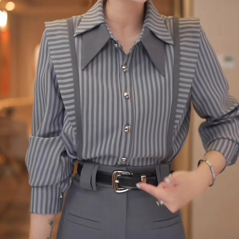 秋服 レディース ファッション オシャレ カワイイ シンプル 大人カワイイ 大きいサイズ ストライプ シャツ 長袖 秋 スリム シャツ スカート スーツ スタイル