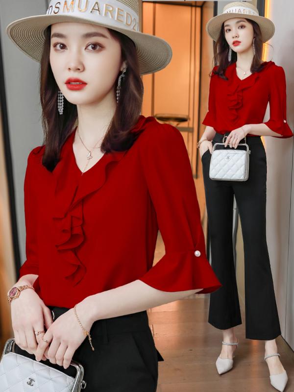 秋服 レディース ファッション オシャレ カワイイ  シンプル 大人カワイイ 大きいサイズ  赤 シフォン シャツ 秋 ベルスリーブ Vネック トップス プルオーバー シャツ スーツ スタイル 薄手
