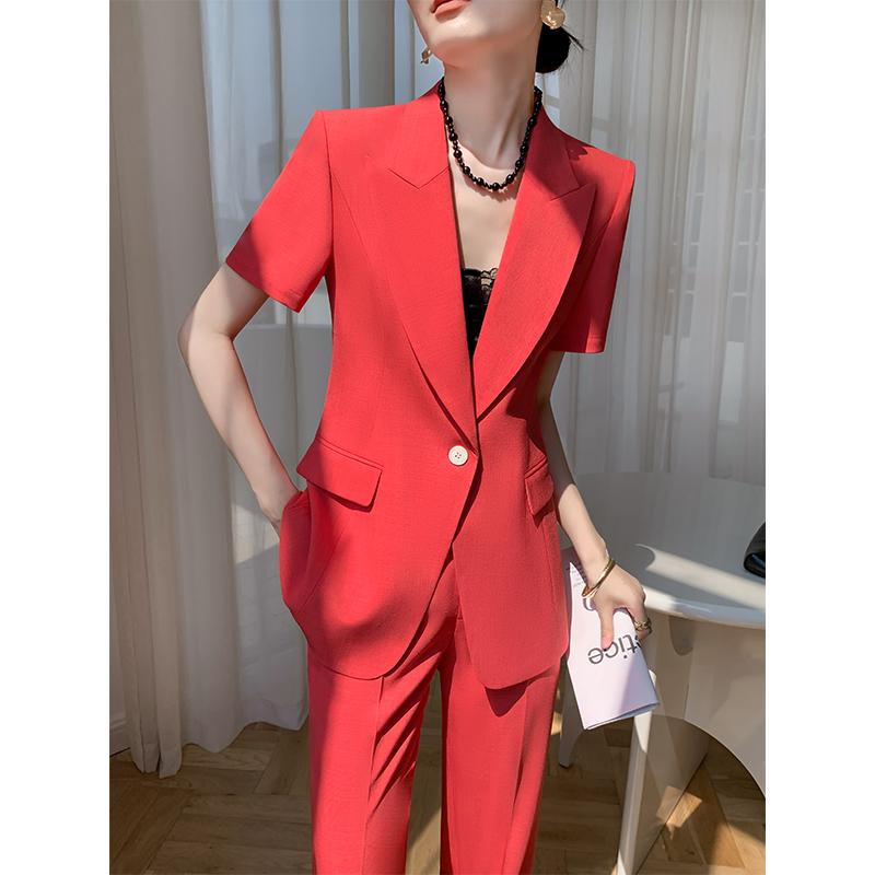 秋服 レディース 流行り物 オシャレ カワイイ  分かりやすい 成年者カワイイ 気が大きい大きさ   心地よい 背広 表現スタイル 秋 薄っぺら ハイエンド 赤 半袖