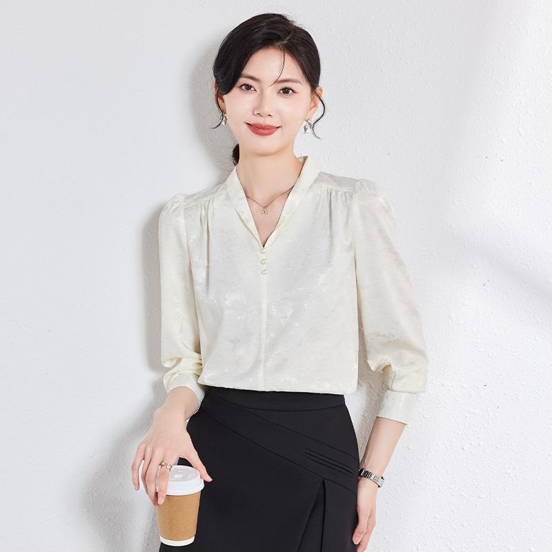 秋服 レディース ファッション オシャレ カワイイ シンプル 大人カワイイ 大きいサイズ ハイエンド Vネック シャツ 秋 フォーマルウェア サテン 長袖 スーツ スタイル