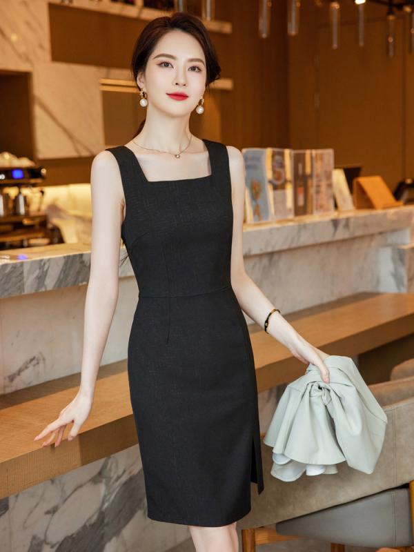 秋服 レディース 流行り物 オシャレ カワイイ  分かりやすい 成年者カワイイ 気が大きい大きさ  真四角のど首 衣装 お召しもの 秋 表現スタイル か細い ハイエンド 肌付き ノースリーブ 黒いこと スコート 薄っぺら