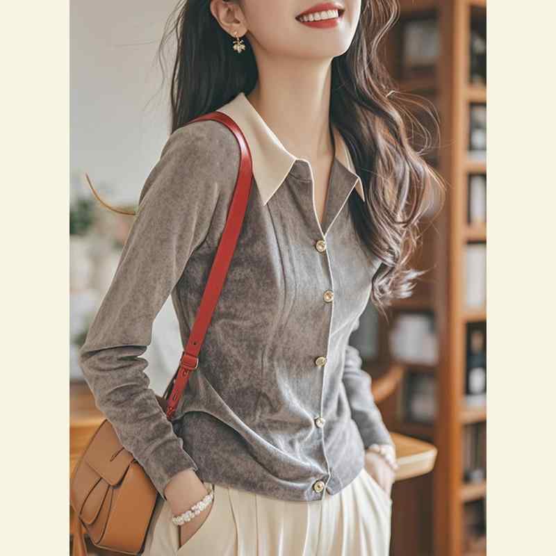 秋服 レディース ファッション オシャレ カワイイ シンプル 大人カワイイ 大きいサイズ シャツ シック ウエスタン トップス ハイエンド 軽 フレンチ グレー ベルベット|リコット