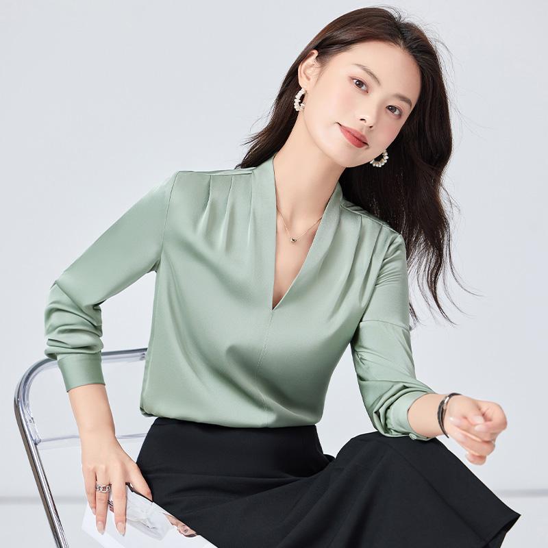 秋服 レディース ファッション オシャレ カワイイ シンプル 大人カワイイ 大きいサイズ サテン 長袖 シャツ 秋 ハイエンド フォーマル スーツ スタイル Vネック