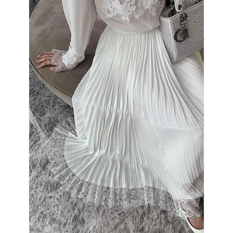 秋服 レディース 流行り物 オシャレ カワイイ  分かりやすい 成年者カワイイ 気が大きい大きさ   白 スピード競技 編み目 筋目 スコート ハイエンド か細い ロング スコート