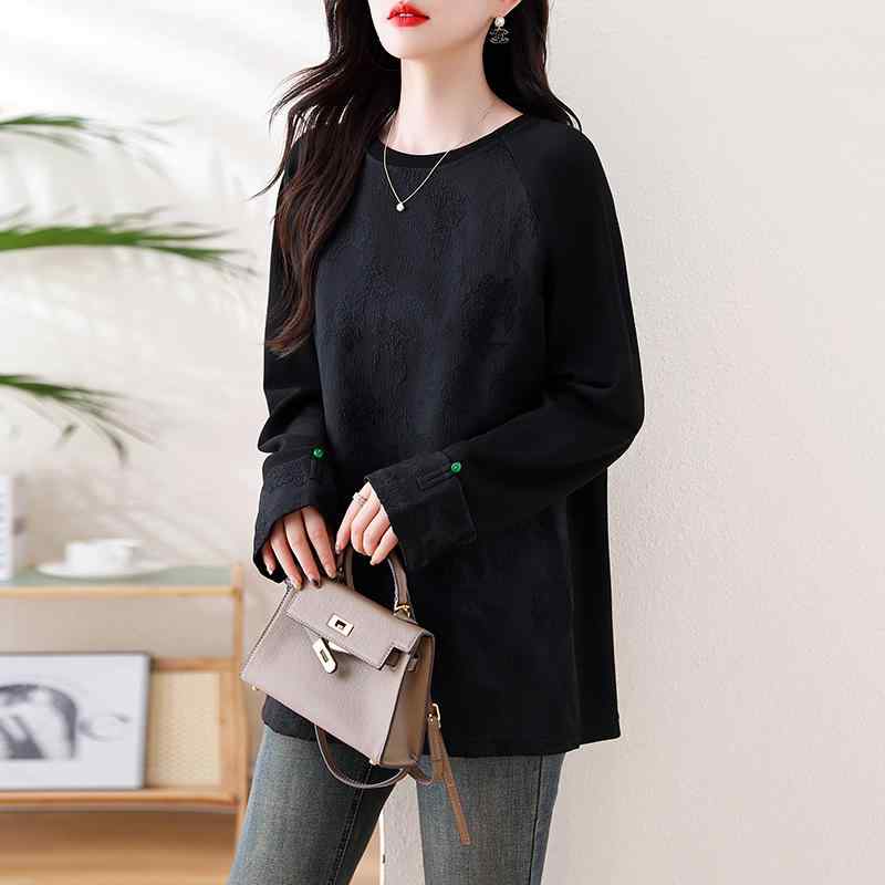 秋服 レディース 流行り物 オシャレ カワイイ  分かりやすい 成年者カワイイ 気が大きい大きさ  レトロ ジャカード ラウンドのど首 汗水 プルオーバー か細い 黒 トップス