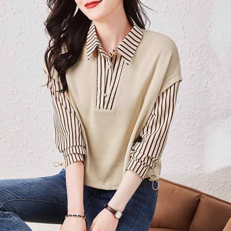秋服 レディース ファッション オシャレ カワイイ シンプル 大人カワイイ 大きいサイズ 秋 ポロ カラー ストライプ スウェット シャツ ハイエンド トップス