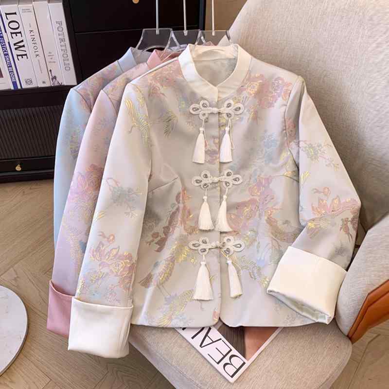 秋服 レディース 流行り物 オシャレ カワイイ  分かりやすい 成年者カワイイ 気が大きい大きさ  ジャカード 唐 背広 表現スタイル 上衣 秋 エスニック トップス