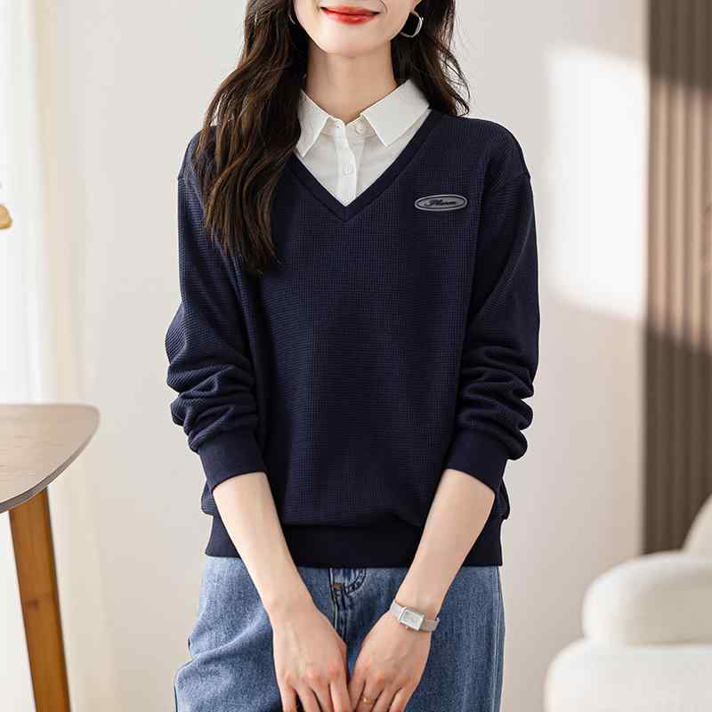秋服 レディース ファッション オシャレ カワイイ シンプル 大人カワイイ 大きいサイズ ポロ カラー スウェット シャツ スリム 秋 トップス