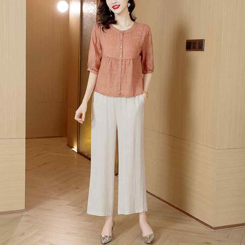秋服 レディース ファッション オシャレ カワイイ シンプル 大人カワイイ 大きいサイズ 秋服 秋 スーツ スタイル 薄手 綿 麻 トップス パンツ