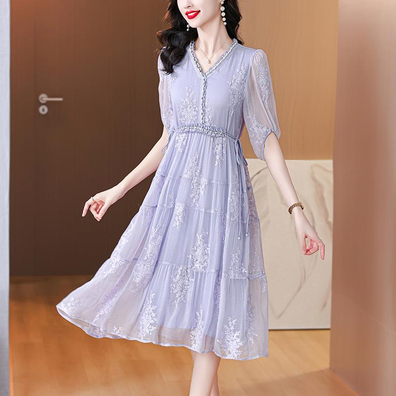 秋服 レディース ファッション オシャレ カワイイ シンプル 大人カワイイ 大きいサイズ フレンチ Vネック シフォン ドレス 秋 サマー ワイド スカート