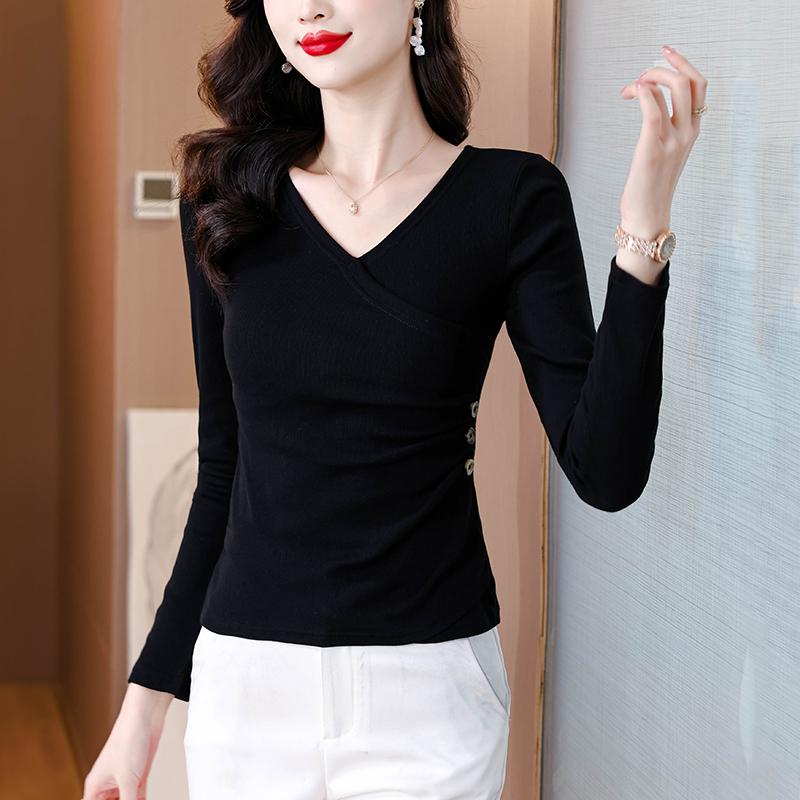 秋服 レディース ファッション オシャレ カワイイ シンプル 大人カワイイ 大きいサイズ フレンチファッション 黒 長袖 T シャツ スリムフィット 秋 トップス