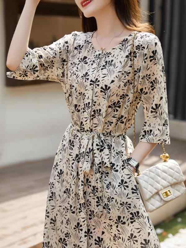 秋服 レディース ファッション オシャレ カワイイ シンプル 大人カワイイ 大きいサイズ 七分袖 花柄 ドレス 秋 ウエスト スカート