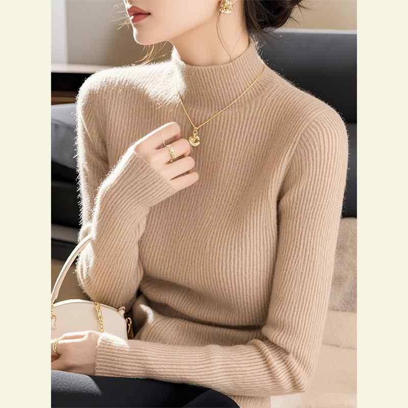 秋服 レディース ファッション オシャレ カワイイ シンプル 大人カワイイ 大きいサイズ 秋服装 ハイエンド スリム エレガント カーキ色 インナー タートルネックセーター ｜リコット
