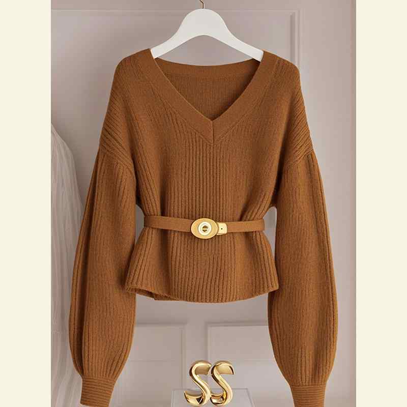 秋服 レディース ファッション オシャレ カワイイ シンプル 大人カワイイ 大きいサイズ 秋 ハイエンド ニット トップス カーキ ウエスト セーター