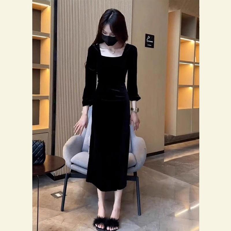 秋服 レディース ファッション オシャレ カワイイ シンプル 大人カワイイ 大きいサイズ 秋 ロング スカート ハイエンド フォーマルシーン 黒 ドレス｜リコット