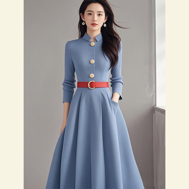 秋服 レディース ファッション オシャレ カワイイ シンプル 大人カワイイ 大きいサイズ 秋 衣装 ハイエンド ホール 青 ウエスト ドレス
