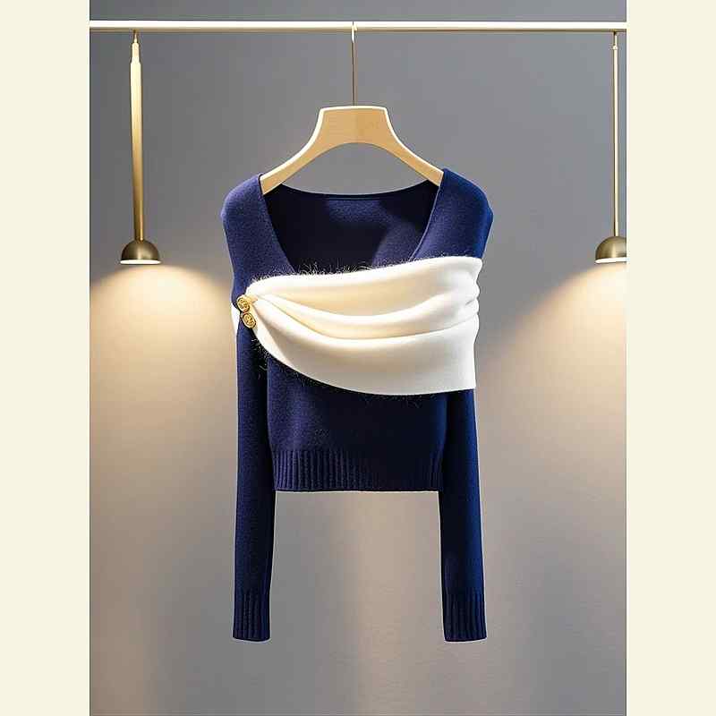 秋服 レディース ファッション オシャレ カワイイ シンプル 大人カワイイ 大きいサイズ ネイビーブルー セーター スタイル 秋 韓国ファッション |リコット