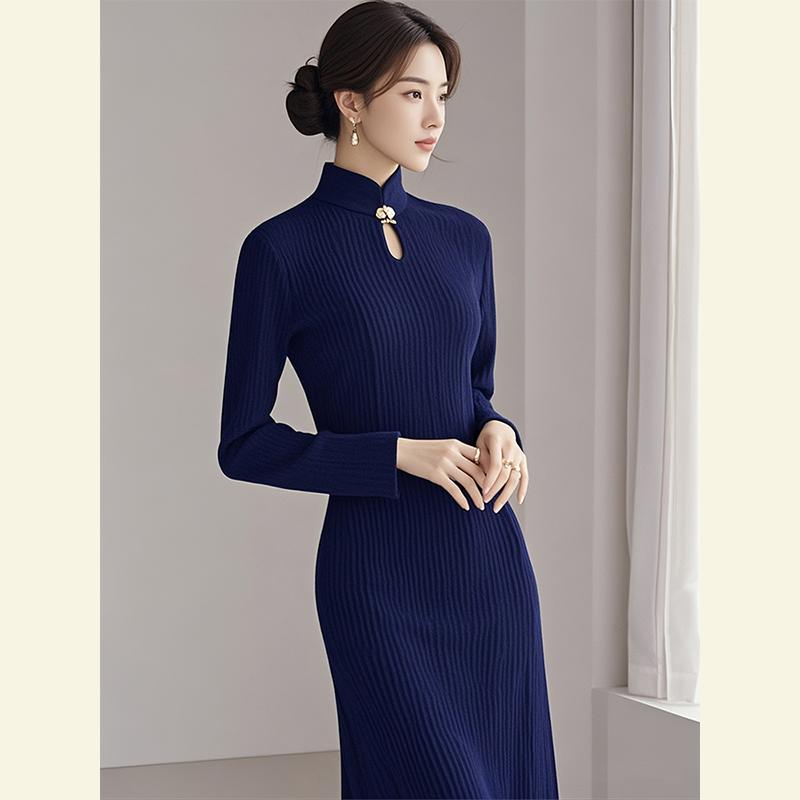 秋服 レディース ファッション オシャレ カワイイ シンプル 大人カワイイ 大きいサイズ 秋服装 フレンチ ブルー ハイエンド エレガント ドレス|リコット
