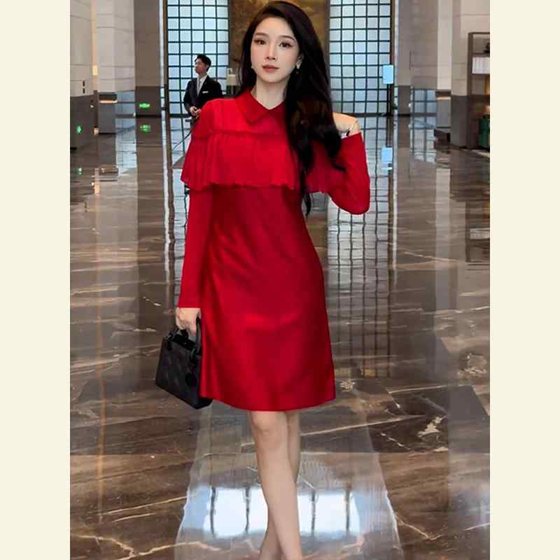 秋服 レディース ファッション オシャレ カワイイ シンプル 大人カワイイ 大きいサイズ 秋 フレンチスタイル ハイエンド エレガント 赤 ドレス|リコット