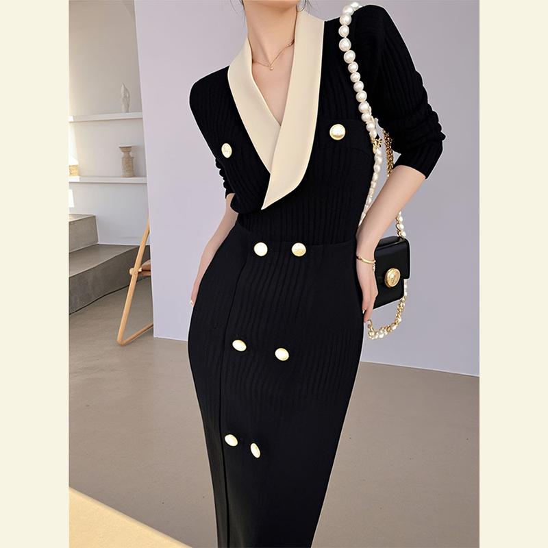 秋服 レディース 流行り物 オシャレ カワイイ  分かりやすい 成年者カワイイ 気が大きい大きさ   秋 ロング スコート フォーマル ハイエンド 黒 編み物 お召しもの