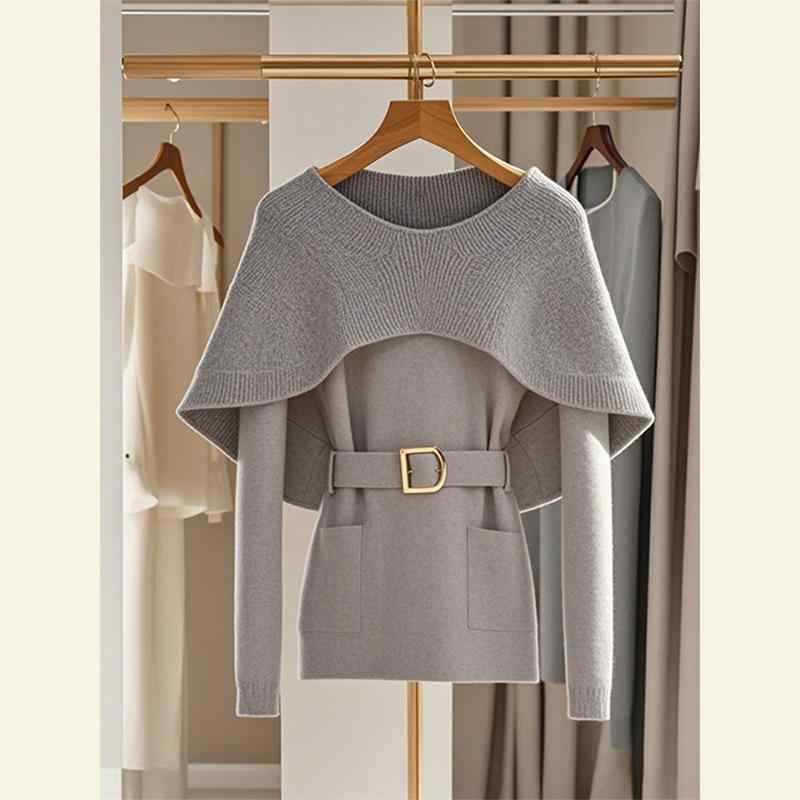 秋服 レディース ファッション オシャレ カワイイ シンプル 大人カワイイ 大きいサイズ セーター ハイエンド 秋 グレー マント ウエスト