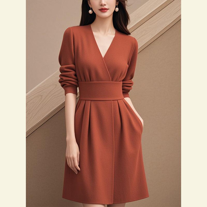 秋服 レディース ファッション オシャレ カワイイ シンプル 大人カワイイ 大きいサイズ 秋 ハイエンド オレンジ色 ドレス|リコット