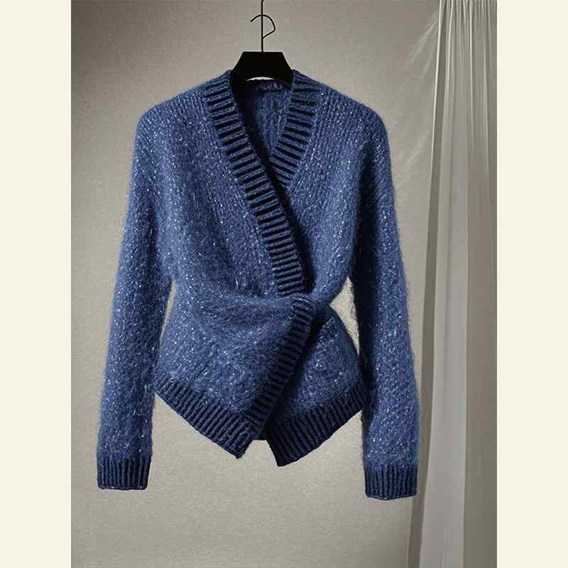 秋服 レディース ファッション オシャレ カワイイ シンプル 大人カワイイ 大きいサイズ 衣装 レトロ ニットカーディガン 秋 ハイエンド ブルー グリッター セーター｜リコット