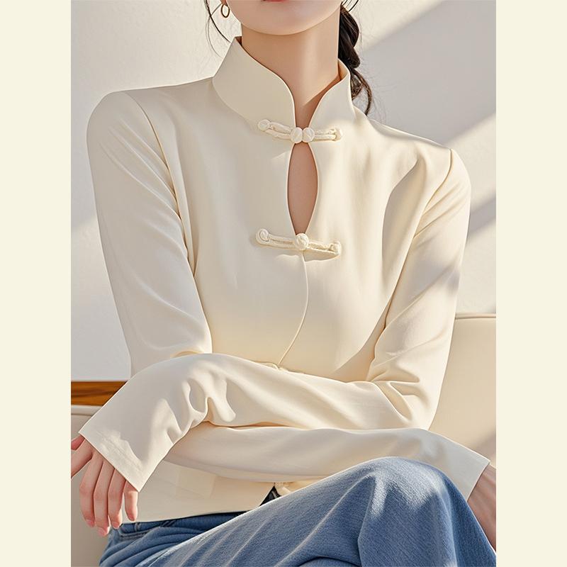 秋服 レディース ファッション オシャレ カワイイ シンプル 大人カワイイ 大きいサイズ 秋 ボタン トップス ハイエンド 白 スタンドカラー シャツ ｜リコット