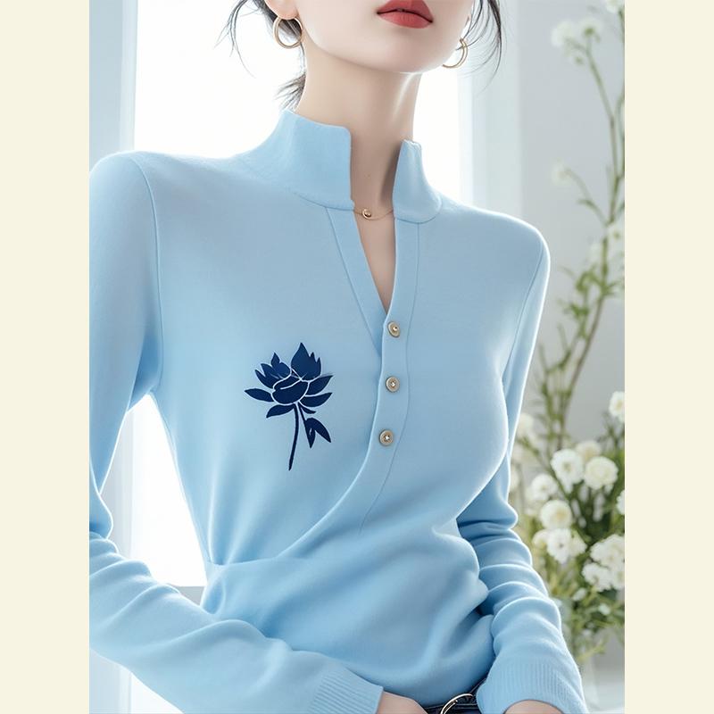 秋服 レディース ファッション オシャレ カワイイ シンプル 大人カワイイ 大きいサイズ 秋 韓国ファッション シック ハイエンド スリム ブルー セーター｜リコット