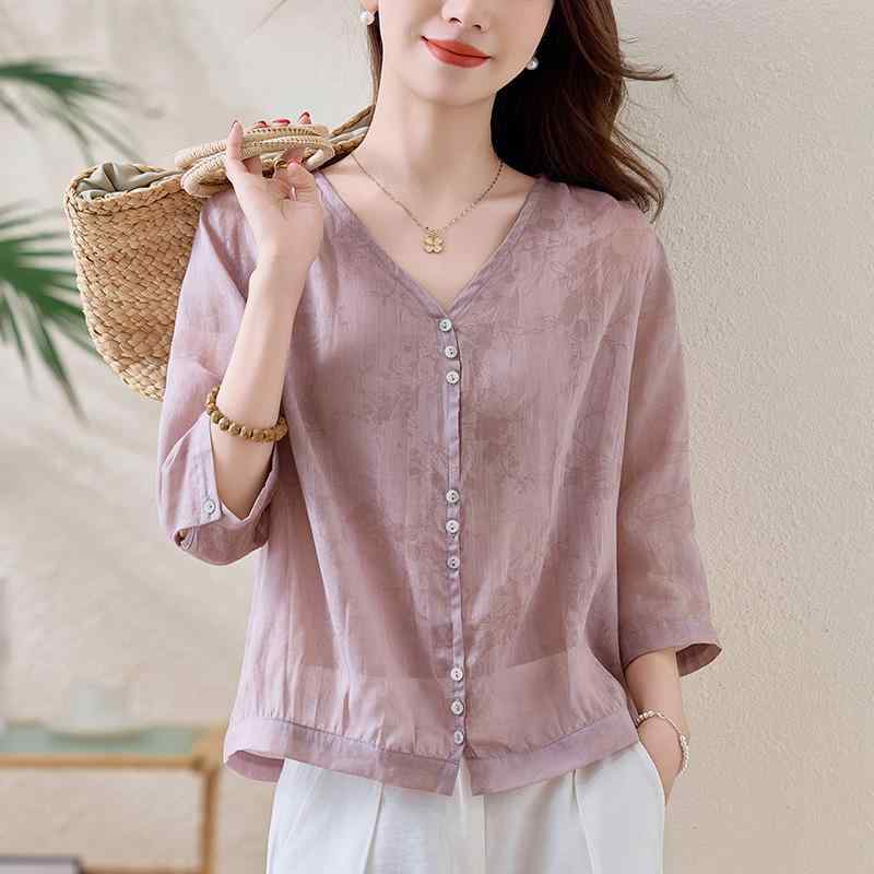 レディース シャツ ラミー Vネック 7分袖 ゆったり カジュアル 上品 夏｜リコット
