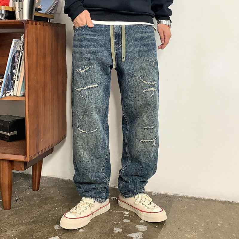 秋冬 コーデ メンズ 服 シンプル ファッション オシャレ 大人 かっこいい 大きいサイズ ストリート 紳士服 オールド スクラッチ ウォッシュ加工 ジーンズ ストレート パンツ ズボン