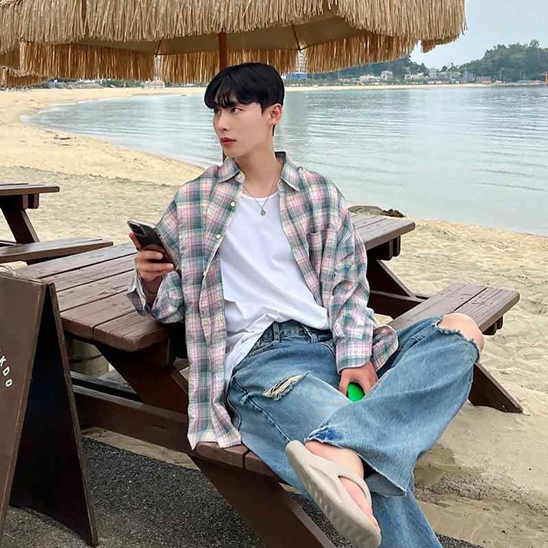 秋　冬 コーデ メンズ 服 シンプル ファッション オシャレ 大人 かっこいい 大きいサイズ ストリート 紳士服 チェック柄 長袖 日焼け防止 シャツ 海辺 バカンス バケーション カップル カジュアル ゆったり 薄手 ジャケット