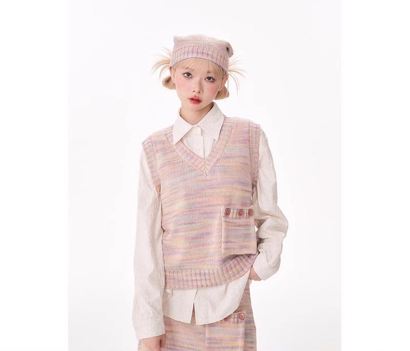 秋服 レディース ファッション オシャレ カワイイ シンプル 大人カワイイ 大きいサイズ グラデーション レインボーニット ベスト スカート カレッジ ガール スーツ 衣装 セットアップ 可能｜リコット