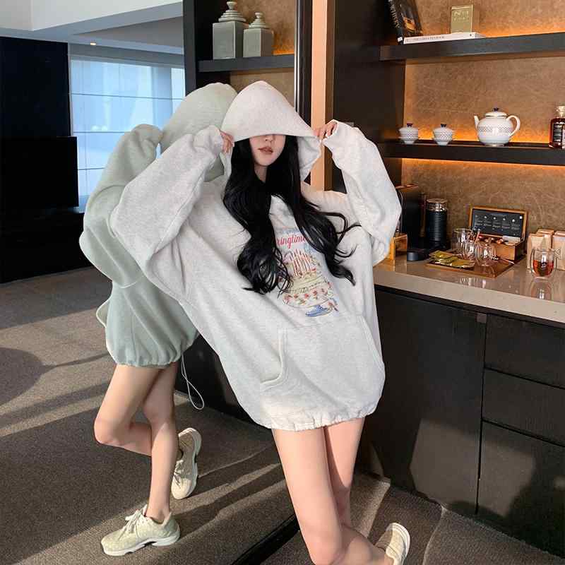 秋服 レディース ファッション オシャレ カワイイ シンプル 大人カワイイ 大きいサイズ グレー プリント フード付き カジュアル ポケット スウェット シャツ