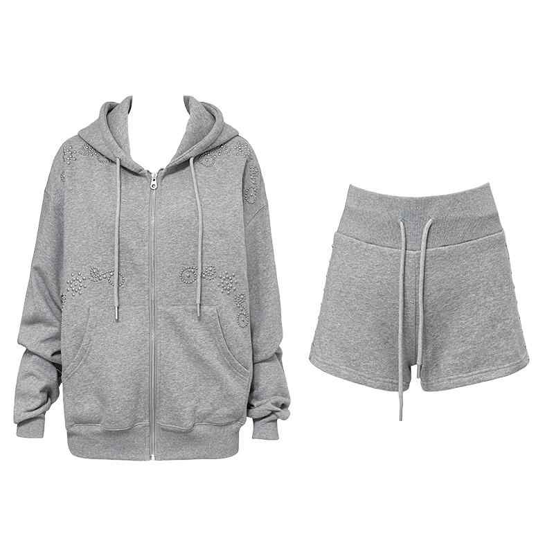 秋服 レディース 流行り物 オシャレ カワイイ  分かりやすい 成年者カワイイ 気が大きい大きさ  薄墨色 スタッズ 天鵝絨 ボンネット付き添い人 汗水 プルオーバー 上衣 ズボン下 セットアップ 能力のある