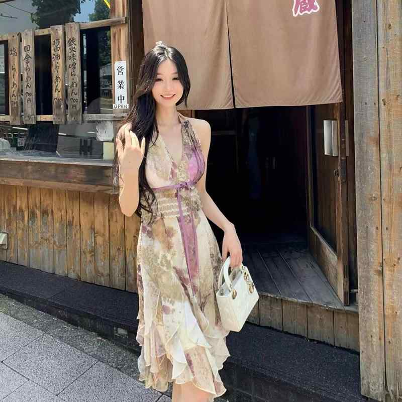秋服 レディース ファッション オシャレ カワイイ シンプル 大人カワイイ 大きいサイズ パープル プリント セミ バックレス レース ワンピース 14,791円