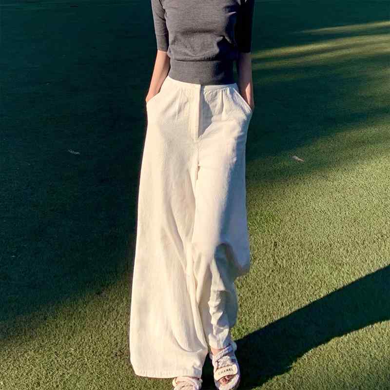 秋服 レディース ファッション オシャレ カワイイ シンプル 大人カワイイ 大きいサイズ 白 リネン テクスチャー ストレート パンツ