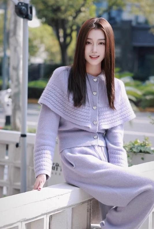秋服 レディース ファッション オシャレ カワイイ シンプル 大人カワイイ 大きいサイズ ハイエンド 紫色 マント ニット セーター パンツ スーツ