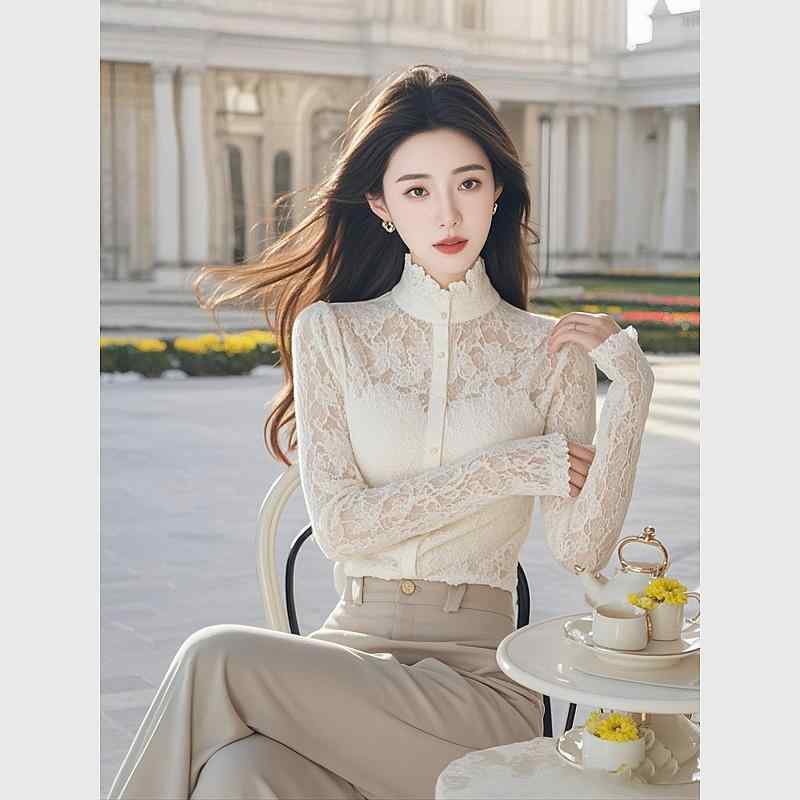 秋服 レディース ファッション オシャレ カワイイ シンプル 大人カワイイ 大きいサイズ 白 レース シャツ トップス フレンチ ハイエンド インナー 長袖