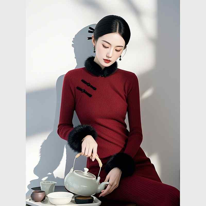 秋服 レディース ファッション オシャレ カワイイ シンプル 大人カワイイ 大きいサイズ チャイナ ドレス エレガント ハイエンド お姫様 赤 ニット ｜リコット