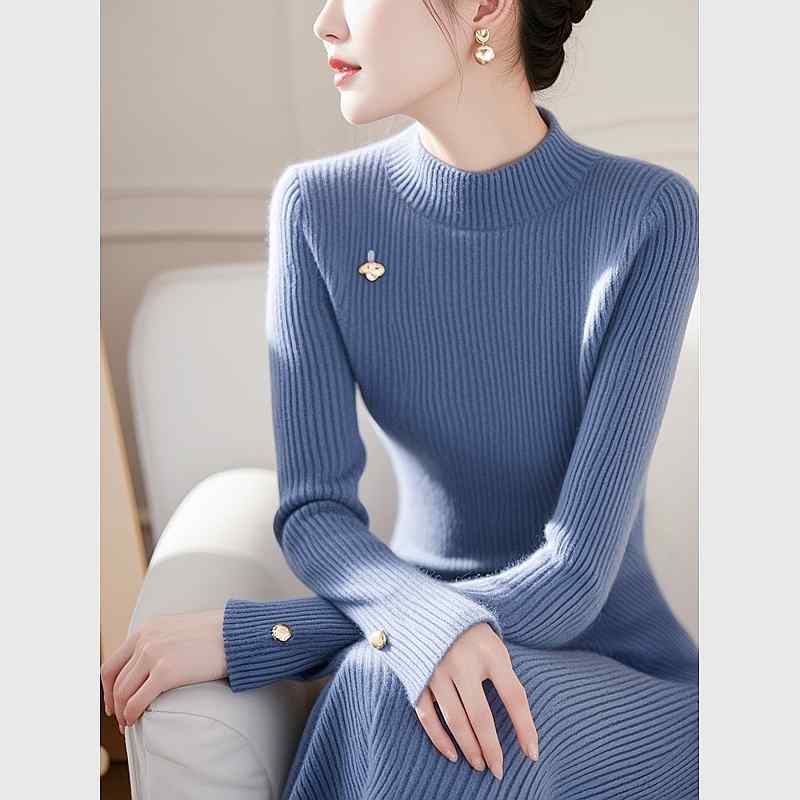 秋服 レディース ファッション オシャレ カワイイ シンプル 大人カワイイ 大きいサイズ フレンチ ロング スカート ハイエンド ブルー 長袖 ハイネック ニット ドレス
