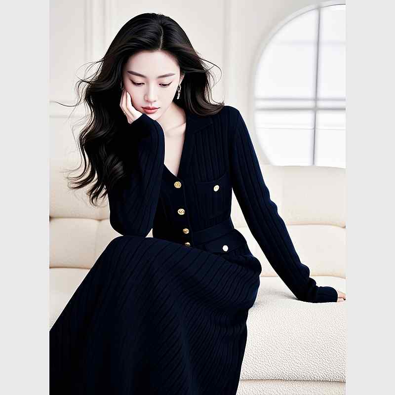 秋服 レディース ファッション オシャレ カワイイ シンプル 大人カワイイ 大きいサイズ フレンチ お姫様 ハイエンド 黒 長袖 ニット ドレス|リコット