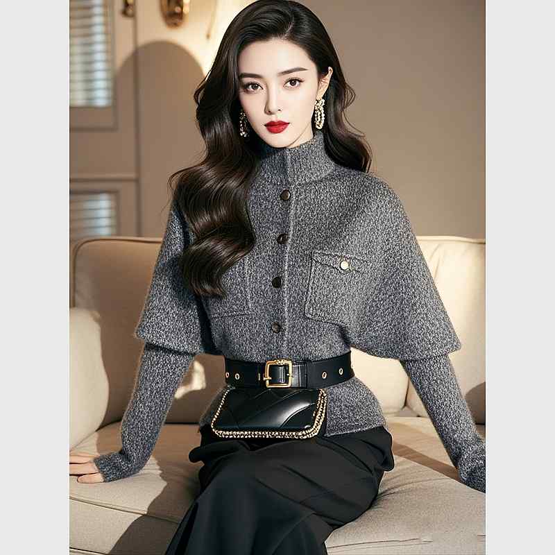 秋服 レディース ファッション オシャレ カワイイ シンプル 大人カワイイ 大きいサイズ ハイエンド セーター グレー ケープ ニット ジャケット｜リコット